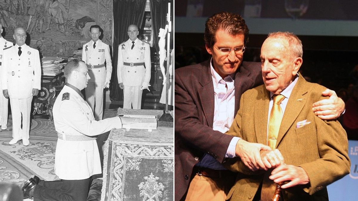 A la izquierda, Manuel Fraga en 1962 jurando como ministro, ante Franco, las Leyes Fundamentales del Reino. A la derecha, Feijóo abrazando a Fraga en 2006