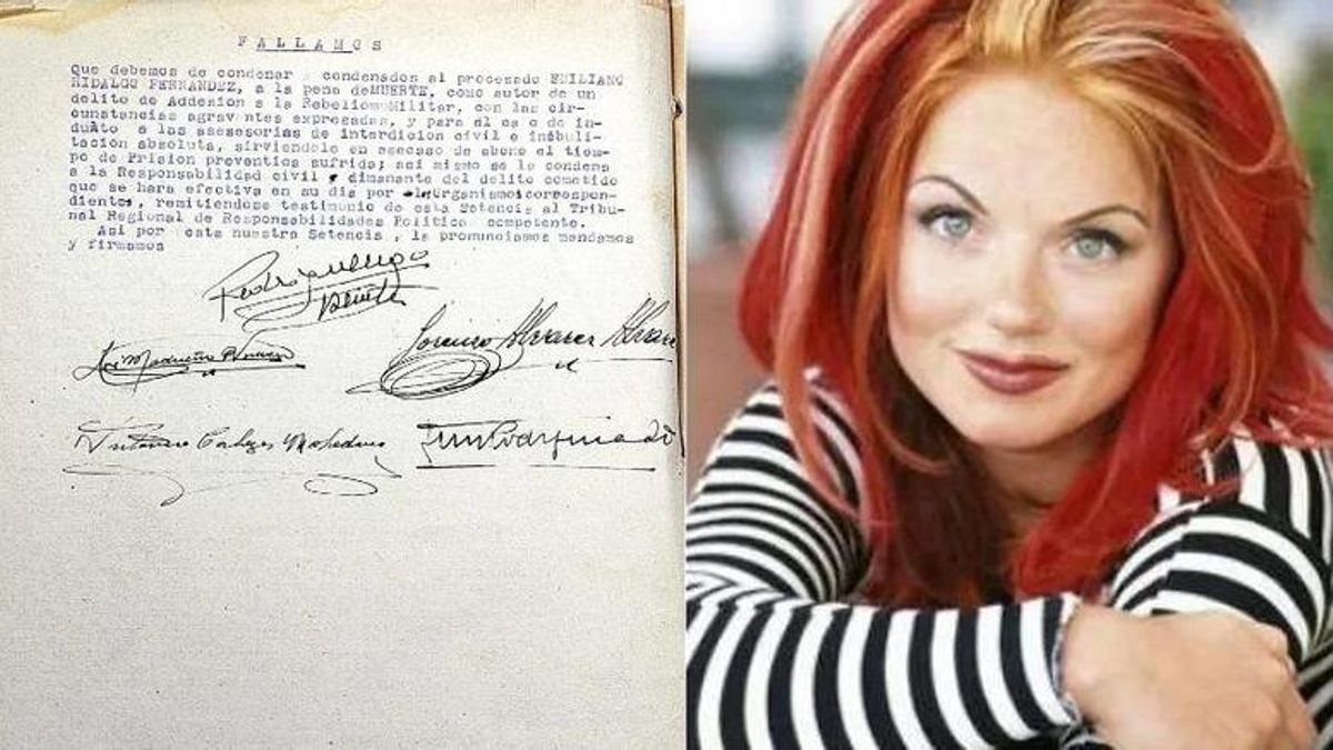 A la izquierda, sentencia de la condena a muerte de Emiliano Hidalgo. A la derecha, su bisnieta, Geri Halliwell