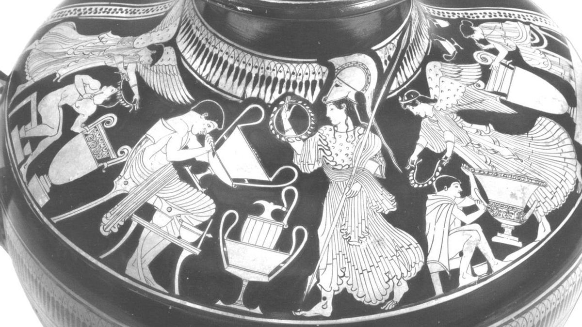 Representación de un taller alfarero en la Hidria Caputi, cerámica ática de figuras rojas, siglo V a. C.