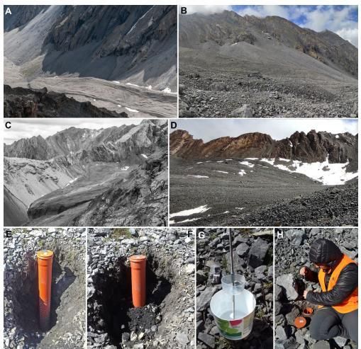 Glaciares rocosos estudiados y metodología de muestreo de invertebrados.