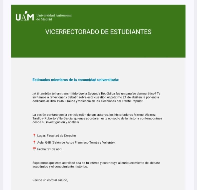 Captura de pantalla del mensaje difundido por el Vicerrectorado de Estudiantes de la UAM