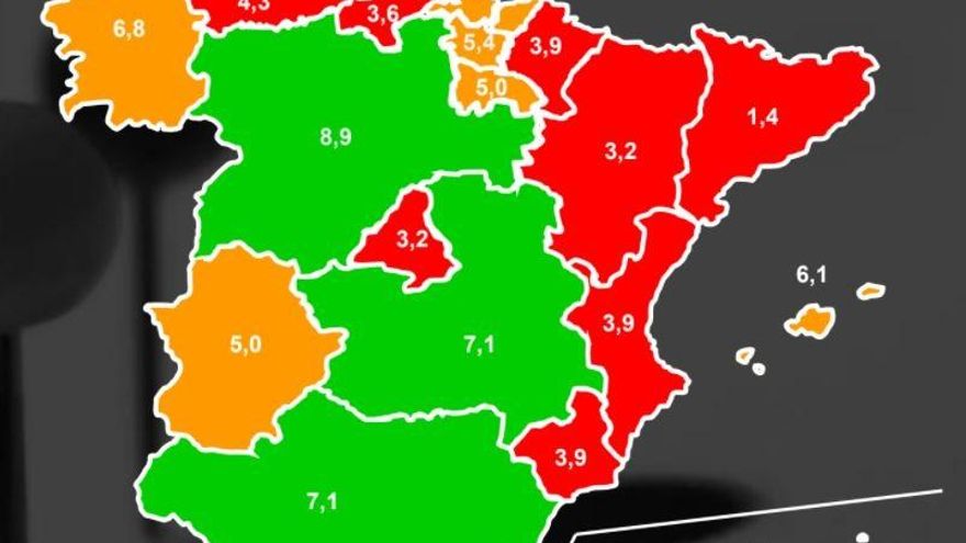 Mapa con la nota obtenida por la cada Comunidad en Atención a la Dependencia.