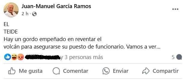 Captura de la reacción de Juan Manuel García Ramos en su cuenta de Facebook donde arremete contra el vulcanólogo canario Nemesio Pérez