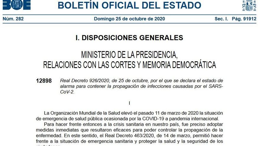 El nuevo decreto de estado de alarma publicado en el BOE