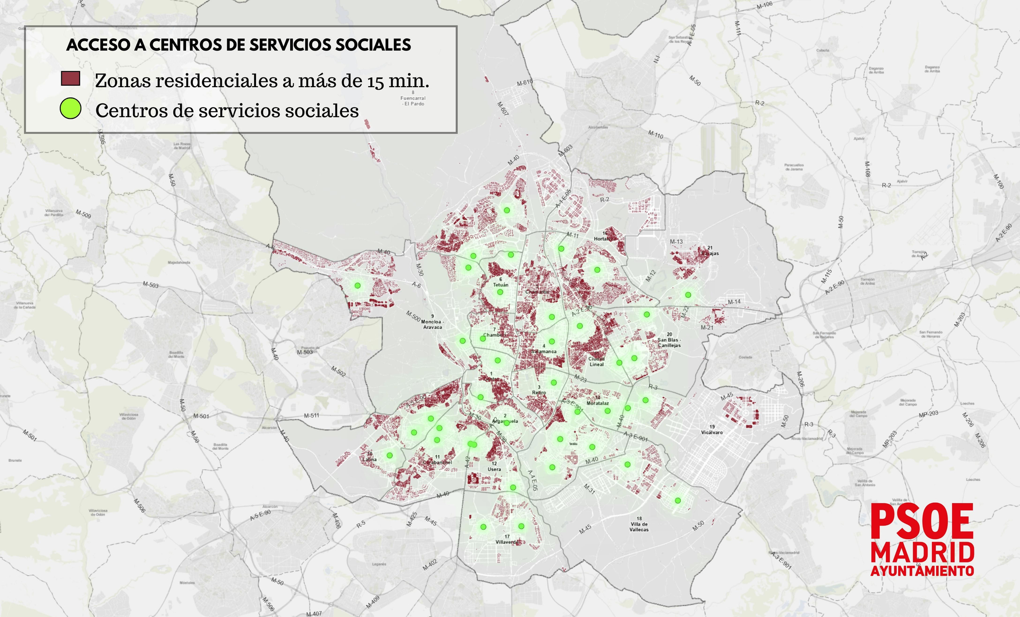 Centros de servicios sociales (puntos verdes) y viviendas sin acceso a menos de 15 minutos (en rojo)