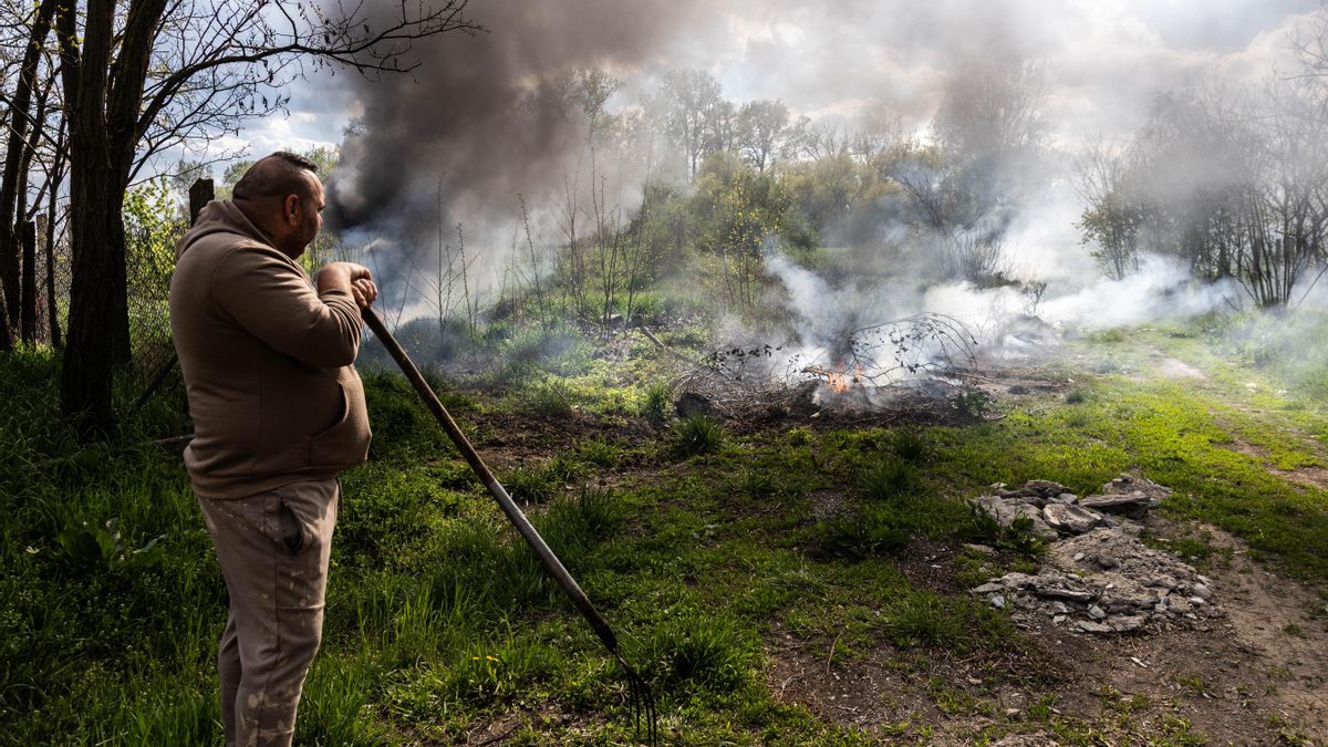 Bence observa el fuego frente a su hogar.