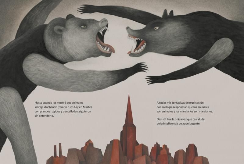 Doble página ilustrada por Claudia Legnazzi de 'Un azul para Marte'