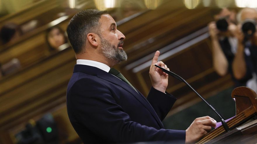 El líder de Vox, Santiago Abascal durante la moción de censura liderada por el profesor y economista Ramón Tamames (no en la imagen) contra el presidente del Gobierno, Pedro Sánchez.