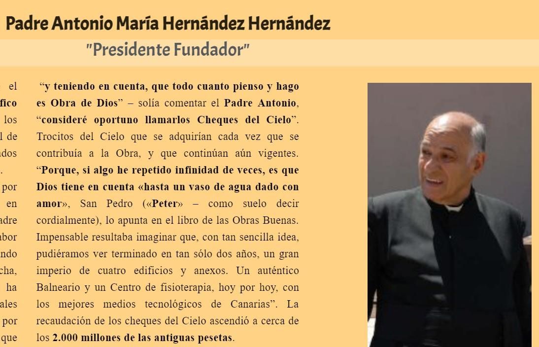 Pantallazo de la web de la Fundación en el que se cuenta que fue levantada con "cheques del cielo".