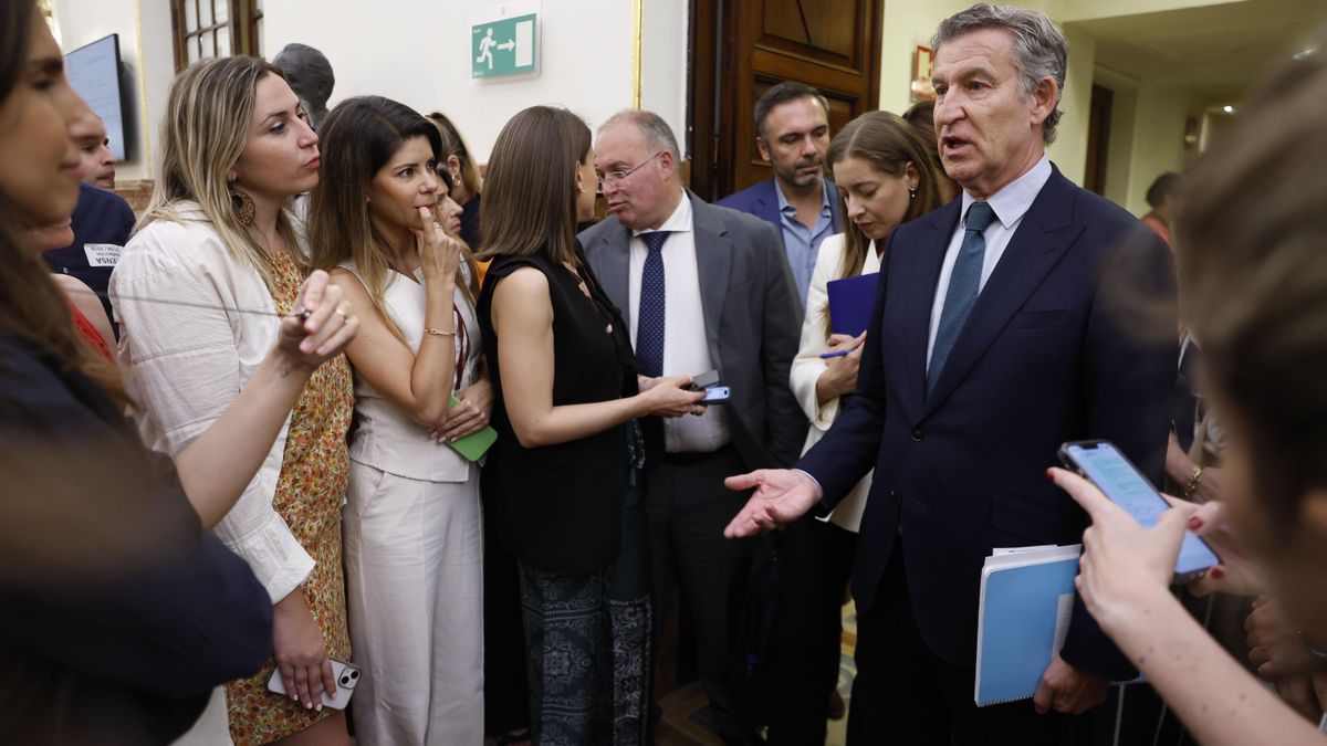 El líder del PP, Alberto Núñez Feijóo, en los pasillos del Congreso este miércoles.