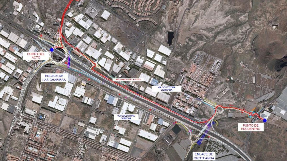 Plano del enlace de Chafiras, entre los puntos kilométricos 62+040 y 64+540 de la autopista TF-1.