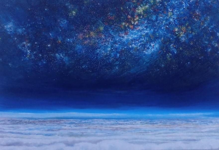 'Mar de nubes y noche estrellada'. Óleo sobre lienzo, 41 x 33 cm. Óscar Lorenzo, 2017.