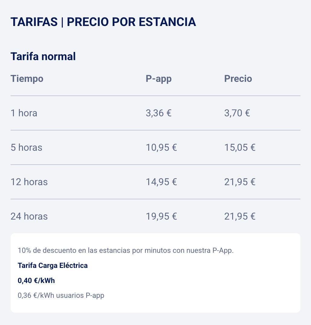 Tarifas por estancia del parking Glorieta-Paz.