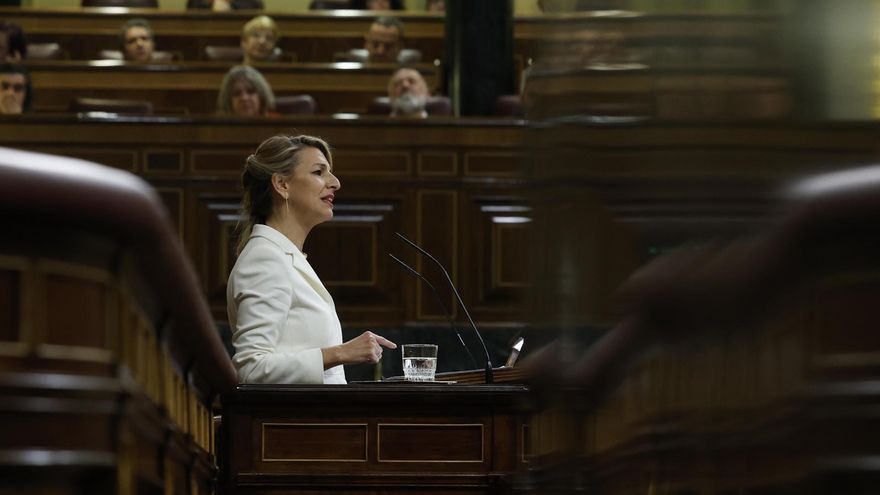 La vicepresidenta segunda y ministra de Trabajo y Economía Social, Yolanda Díaz durante su intervención en el debate de la moción de censura de Vox contra el presidente del Gobierno, Pedro Sánchez.