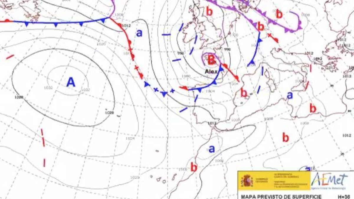 La borrasca Álex, situada en el Canal de la Mancha rumbo a la costa norte de España