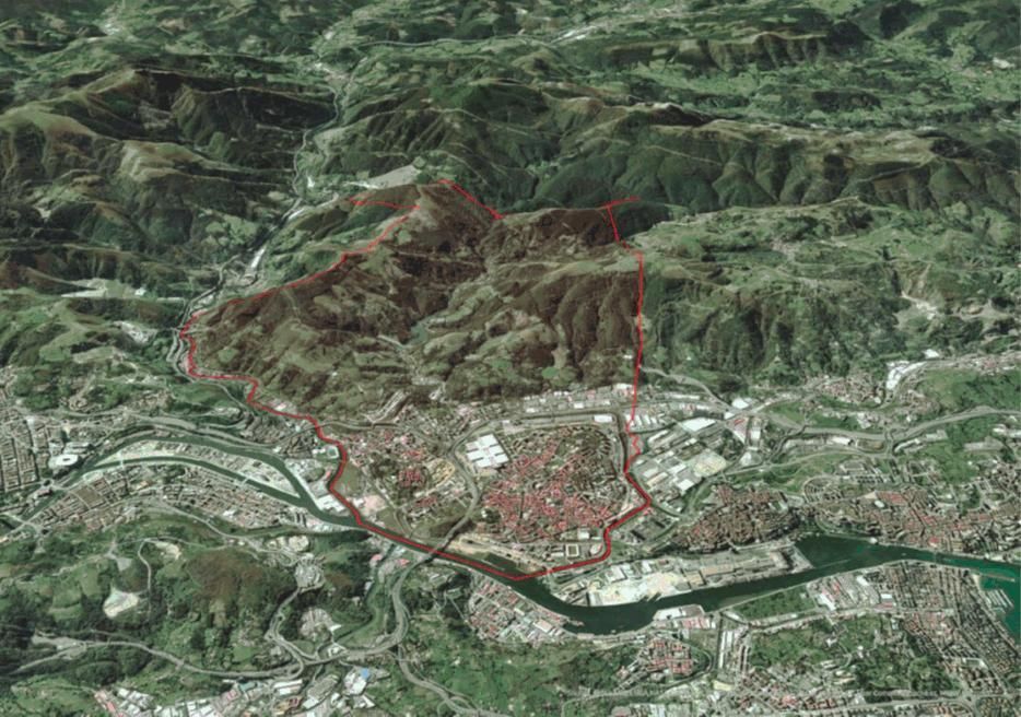 Vista aérea de Barakaldo con el área de influencia del Plan General.