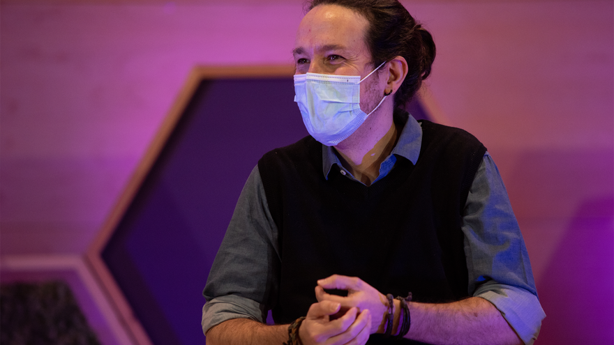 El secretario general de Podemos y vicepresidente segundo del Gobierno, Pablo Iglesias, durante el acto central de campaña de En Comú Podem para las elecciones catalanas, en Santa Coloma de Gramanet, Barcelona, Catalunya (España), a 6 de febrero de 2021.