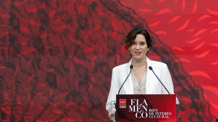 La presidenta de la Comunidad de Madrid, Isabel Díaz Ayuso, interviene durante el acto de celebración del flamenco como Bien de Interés Cultural, en la Real Casa de Correos, a 20 de marzo de 2024, en Madrid.