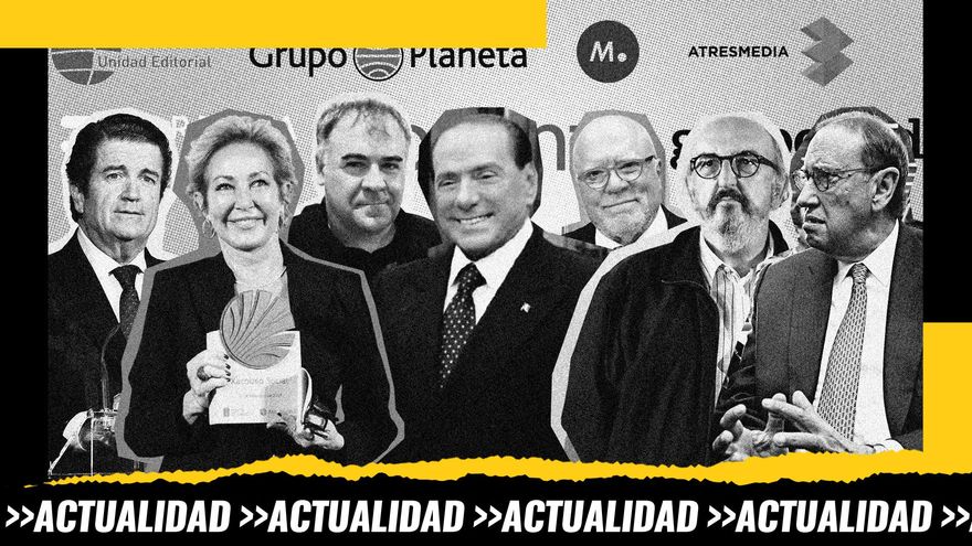 Algunos empresarios y personalidades relacionados con los medios españoles, de izq. a dcha.: Borja Prado, Ana Rosa, Antonio G. Ferreras, Berlusconi, el ex comisario Villarejo, Jaume Roures y Mauricio Casals