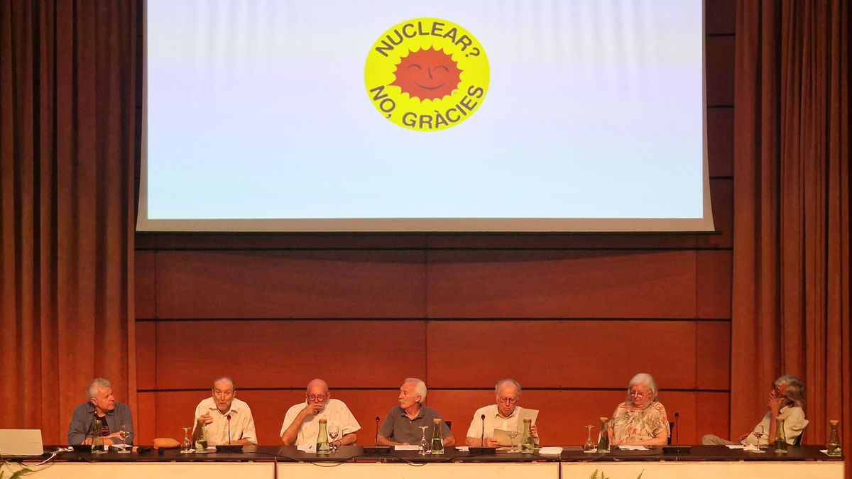 Una imatge dela trobada sobre l'ecologisme valencià amb l'emblema de la lluita antinuclear en la pantalla del saló d'actes del Jardeí Botànic.
