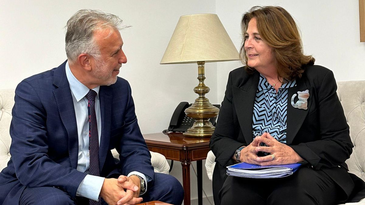 Ángel Víctor Torres, en la reunión en la sede de su ministerio en Madrid con la jefa de la Misión en España de la Organización Internacional de Migraciones (OIM), María Jesús Herrera.