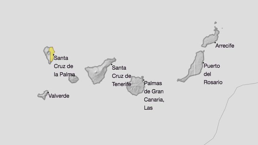 Mapa de la Aemet del aviso de riesgo por lluvias en  el este de La Palma este miércoles, 4 de noviembre