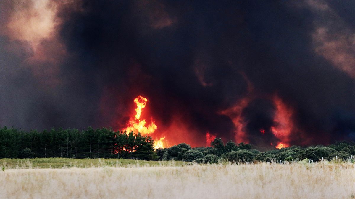 Incendio del sur de León, avanzando descontrolado este martes por la tarde.