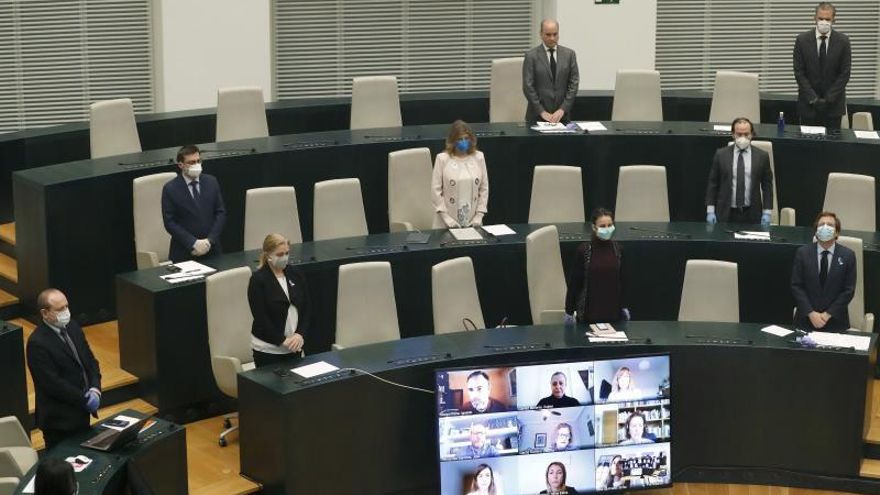 Minuto de silencio antes del comienzo del pleno extraordinario celebrado este viernes en Madrid. El alcalde rinde cuentas de su gestión en la capital durante la pandemia del coronavirus en un pleno extraordinario semipresencial que se podrá seguir de forma telemática y al que acuden dos concejales por grupo, y los representantes del Gobierno local.