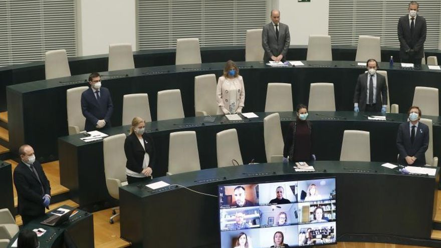 Minuto de silencio antes del comienzo del pleno extraordinario celebrado este viernes en Madrid. El alcalde rinde cuentas de su gestión en la capital durante la pandemia del coronavirus en un pleno extraordinario semipresencial que se podrá seguir de forma telemática y al que acuden dos concejales por grupo, y los representantes del Gobierno local.