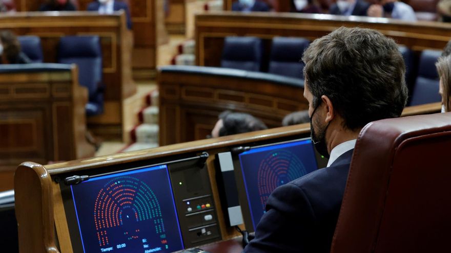 El presidente del Partido Popular, Pablo Casado, este martes en el Congreso de los Diputados.