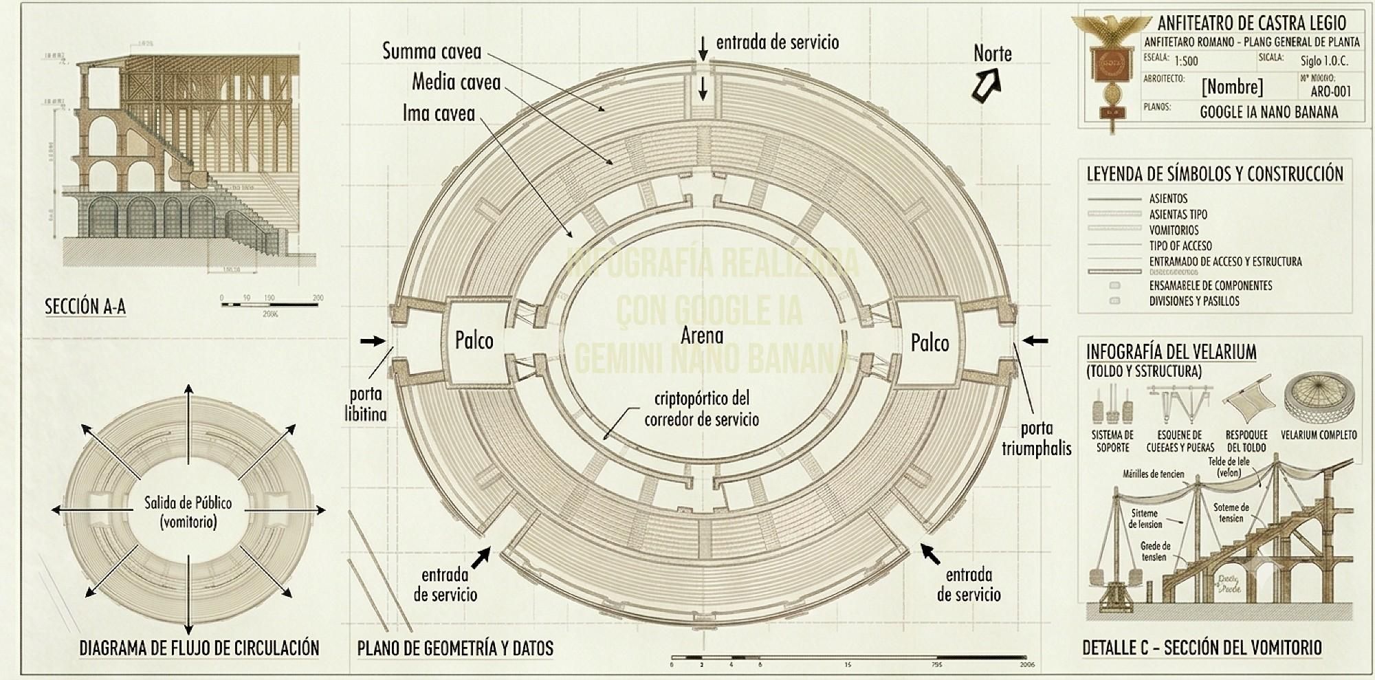 Infografía del Anfiteatro Legionario de Castra Legio (León) realizada mediante una decena de iteracciones con una IA generativa y retoque fotográfico