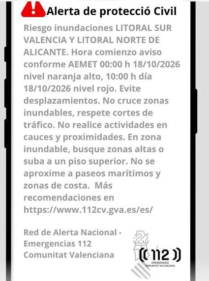 ES-Alert para el litoral sud de Valencia y litoral norte de Alicante.