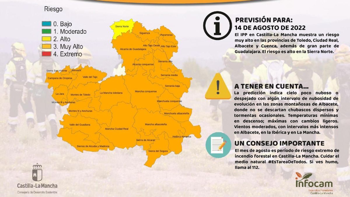 Índice de Propagación Potencial de Incendios Forestales en Castilla-La Mancha el 14 de agosto de 2022