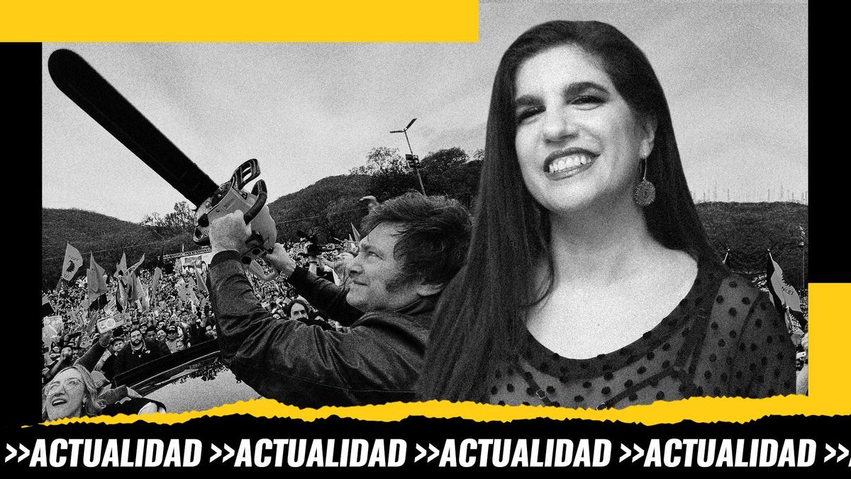 Montaje: Luciana Peker, autora de Odiocracia, frente a una imagen de Milei durante su campaña electoral