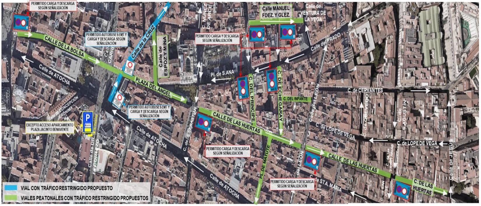 Viales peatonales (en verde) y con tráfico restringido (en azul)