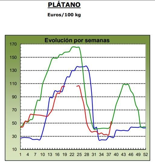 Evolución de los precios medios percibidos por el platanero canario en 2024 (marca azul), 2025 (verde) y 2026 (roja, hasta la semana 38). Fuente: MAPA.