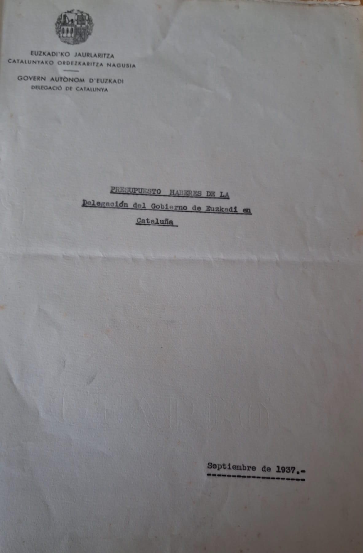 Presupuesto y directorio de la delegación de Euzkadi en Catalunya en 1937