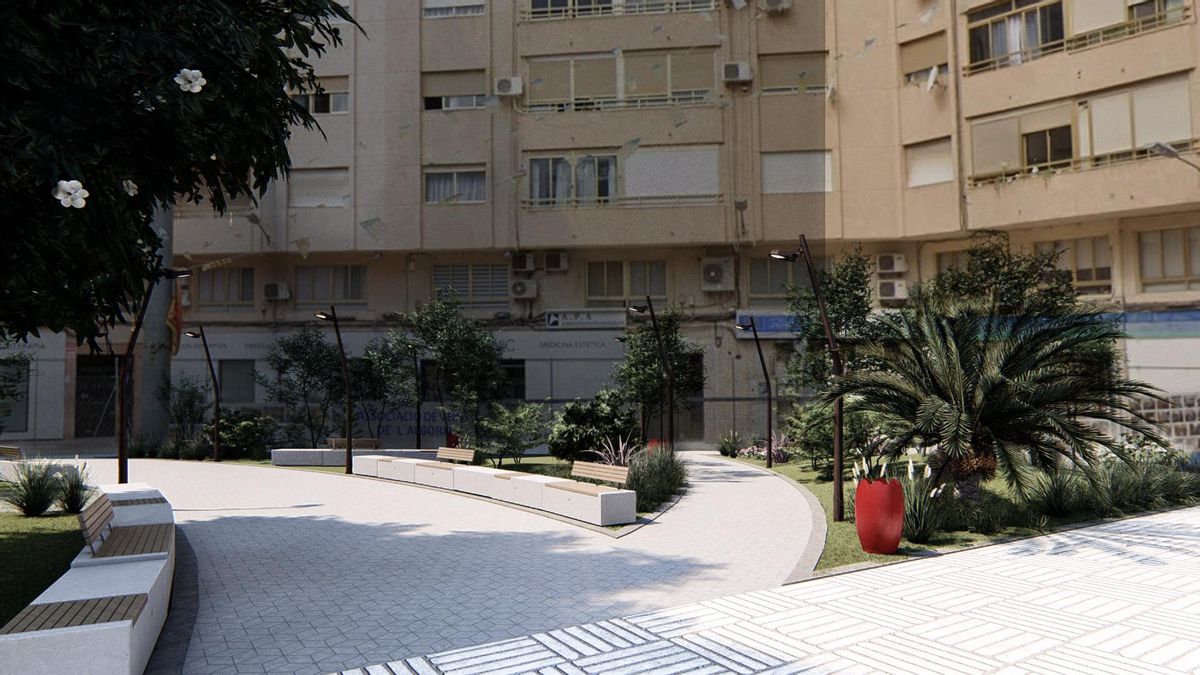 Imagen virtual de la futura plaza Luis Suñer de Alzira, ubicada donde había una antigua gasolinera.