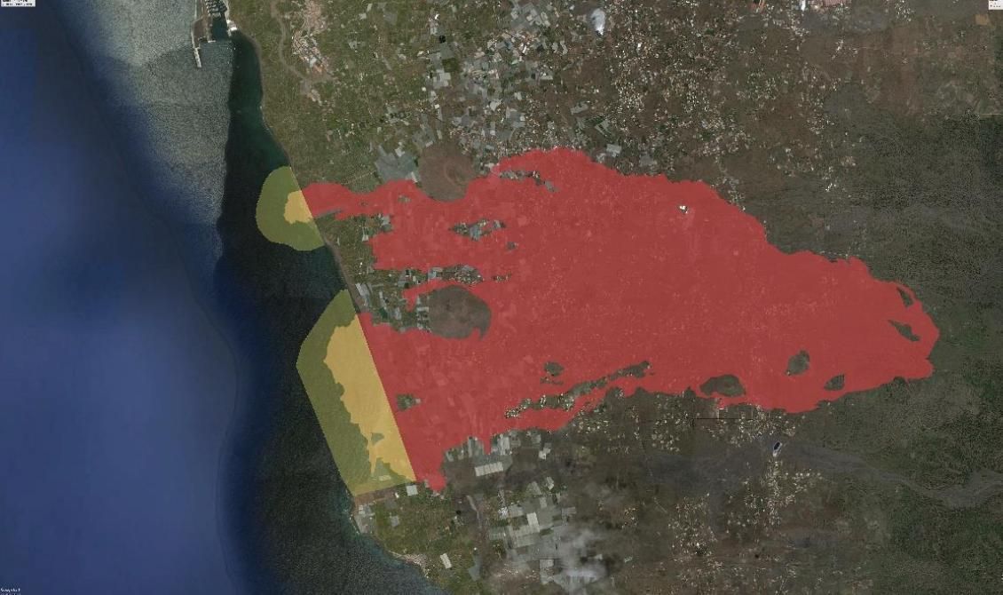 En la imagen, en amarillo, los deltas lávicos, y en verde, la nueva zona de prohibición de la navegación.