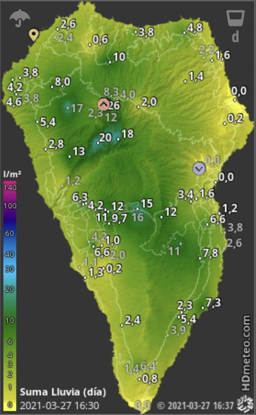 Mapa de HD Meteo La Palma de la lluvia caída, hasta las 16.30  de este sábado, 27 de marzo, en diversos puntos de  La Palma.