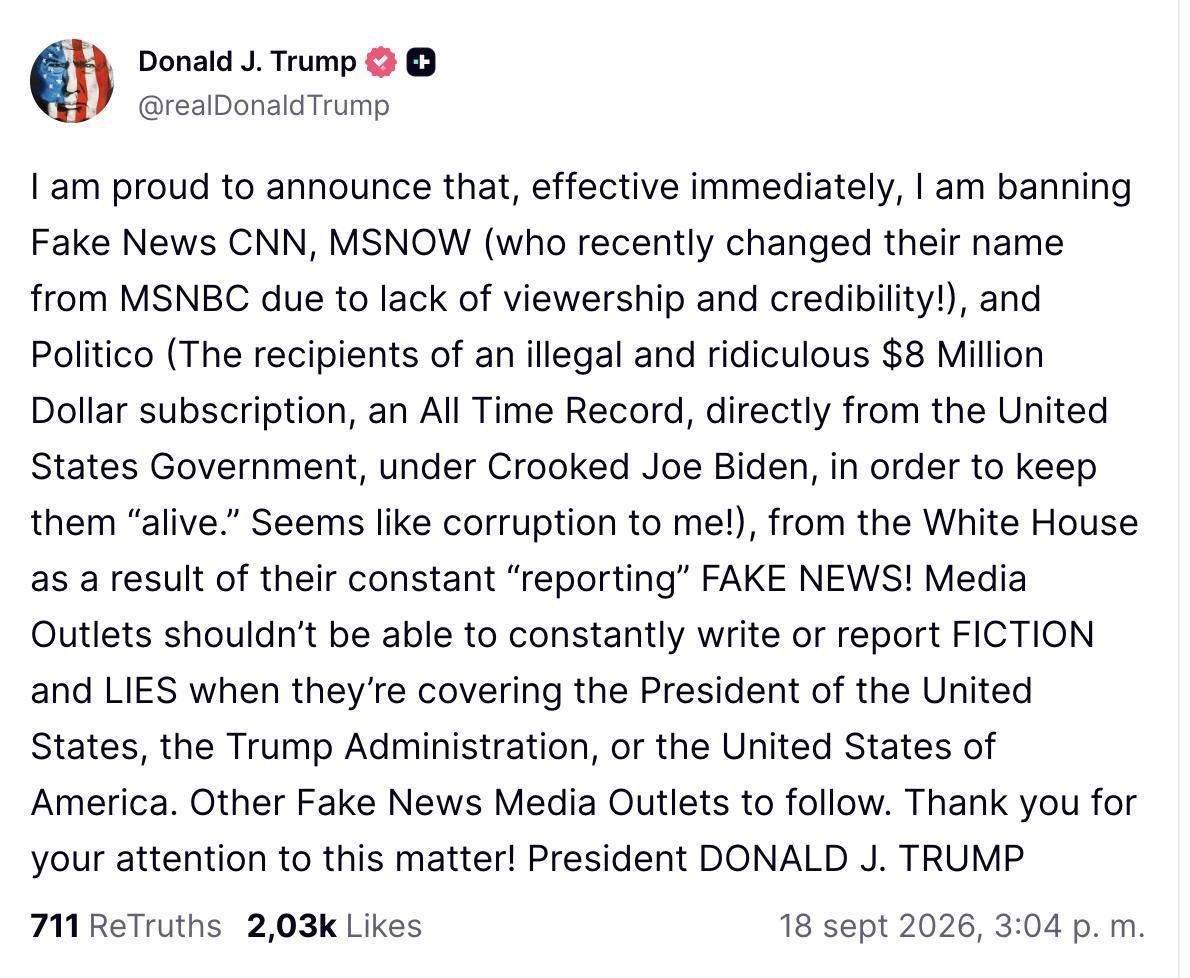 Truth Social de Trump vetando CNN, MSNOW y Politico.