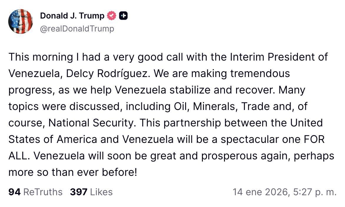 Truth Social de Trump sobre la llamada con Delcy Rodríguez.