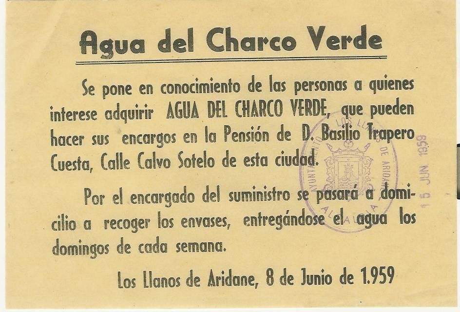 Anuncio de las aguas del Charco Verde (1959). Archivo Municipal