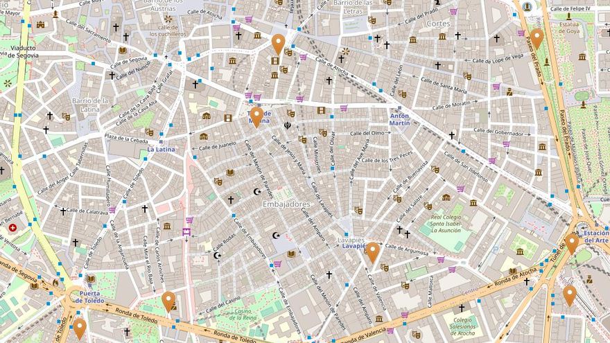 Puntos en los que hay aseos públicos en Embajadores y donde aún figura señalado el desaparecido de Tirso de Molina