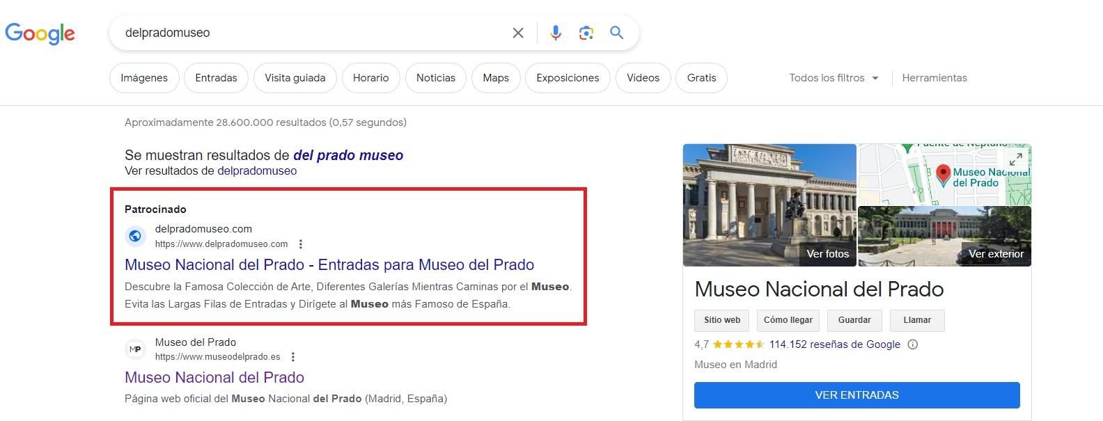 Resultados de Google que muestran antes la página falsa que la del Museo del Prado