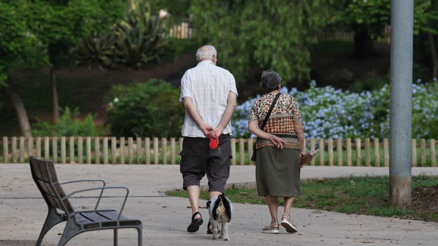 Archivo - Dos personas pasean con su perro.