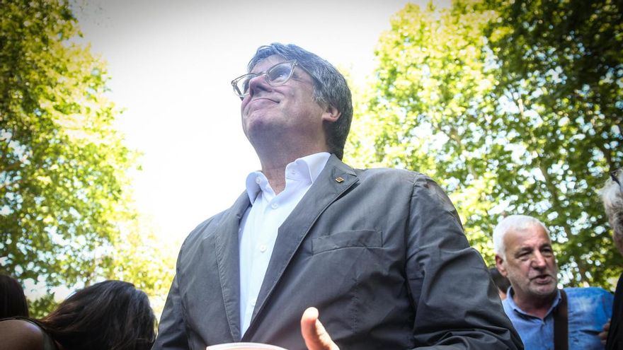 El expresidente de Generalitat de Catalunya, Carles Puigdemont, en un acto de celebración del cuarto aniversario de la fundación de Junts.