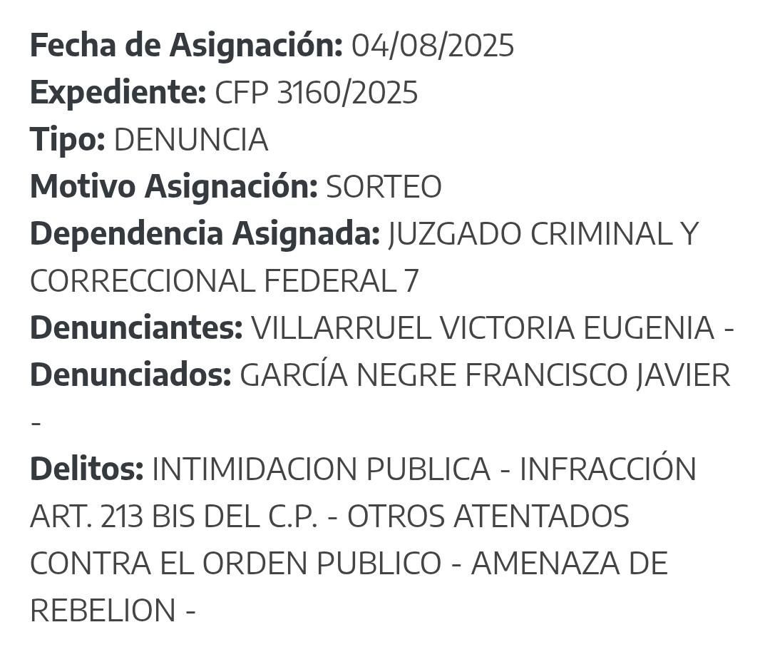 Carátula de la denuncia de Villarruel.
