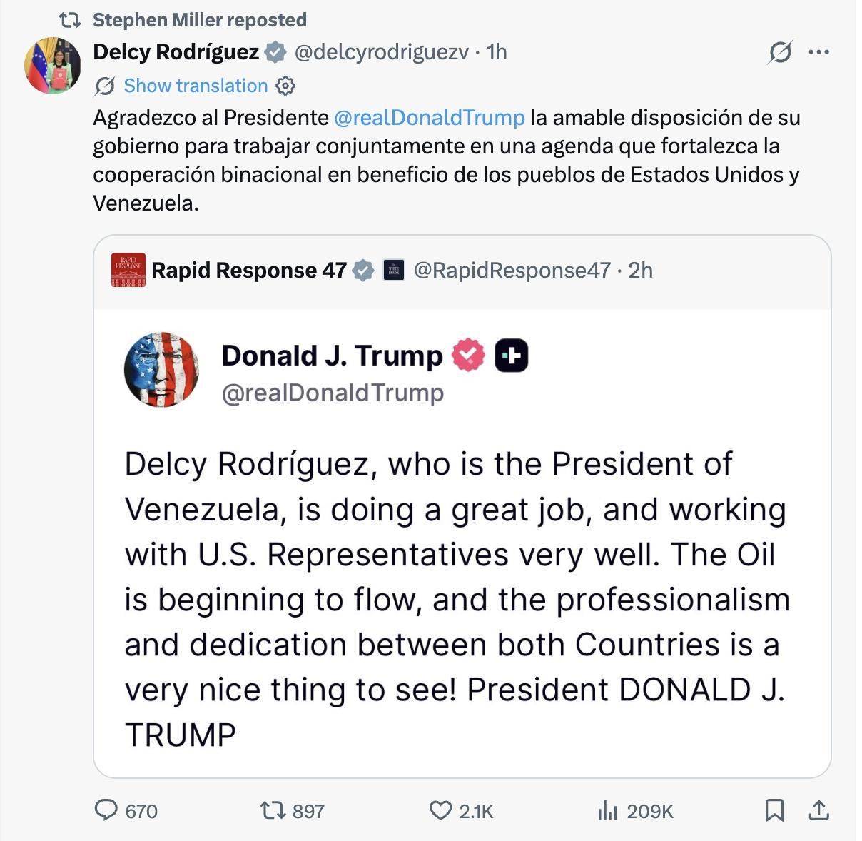 Intercambios elogiosos entre Delcy Rodríguez y Donald Trump en redes sociales.