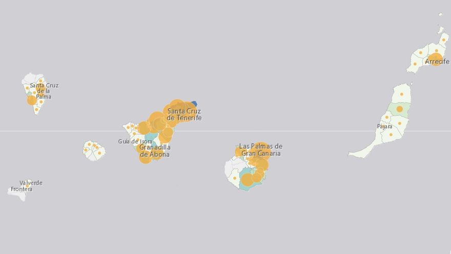 Mapa de los casos detectados de COVID-19 en Canarias de la web de libre acceso de la Consejería de Sanidad donde se muestra de forma dinámica e interactiva los casos confirmados.